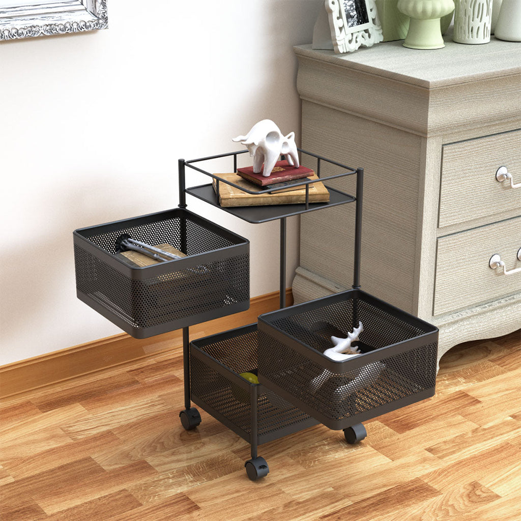 NNEAGS 3 Tier Steel Square Rotating Kitchen Cart Multi-Functional Shelves Portable Storage Organizer with Wheels