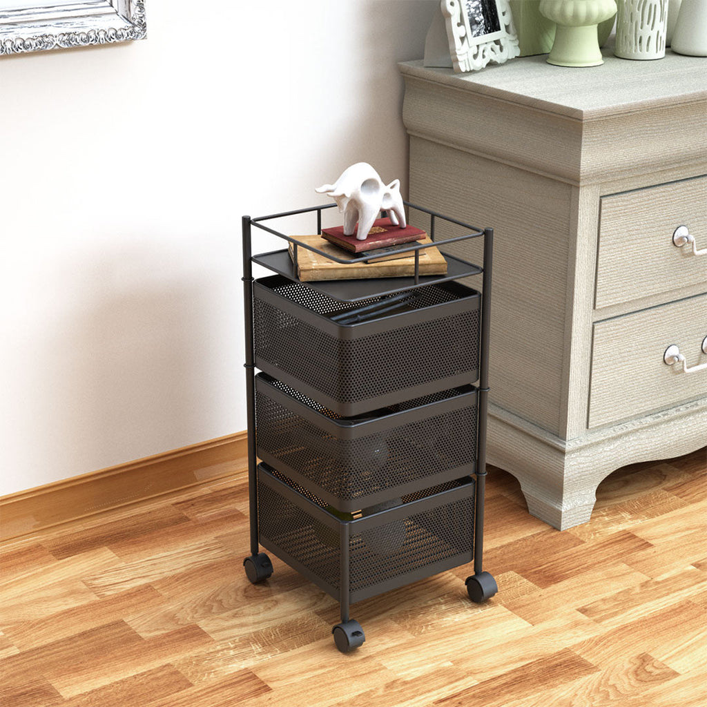 NNEAGS 3 Tier Steel Square Rotating Kitchen Cart Multi-Functional Shelves Portable Storage Organizer with Wheels