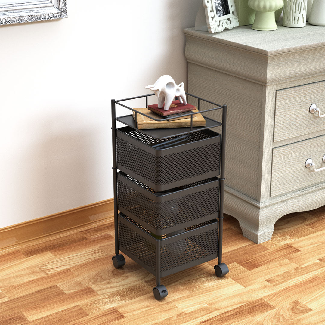 NNEAGS 3 Tier Steel Square Rotating Kitchen Cart Multi-Functional Shelves Portable Storage Organizer with Wheels