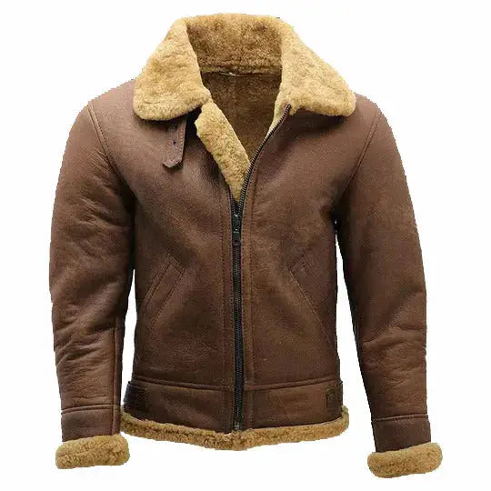 Mens Brown B3 Shearling Sheepskin Ww2 Bomber Leather Flying Aviator Jacket Coat