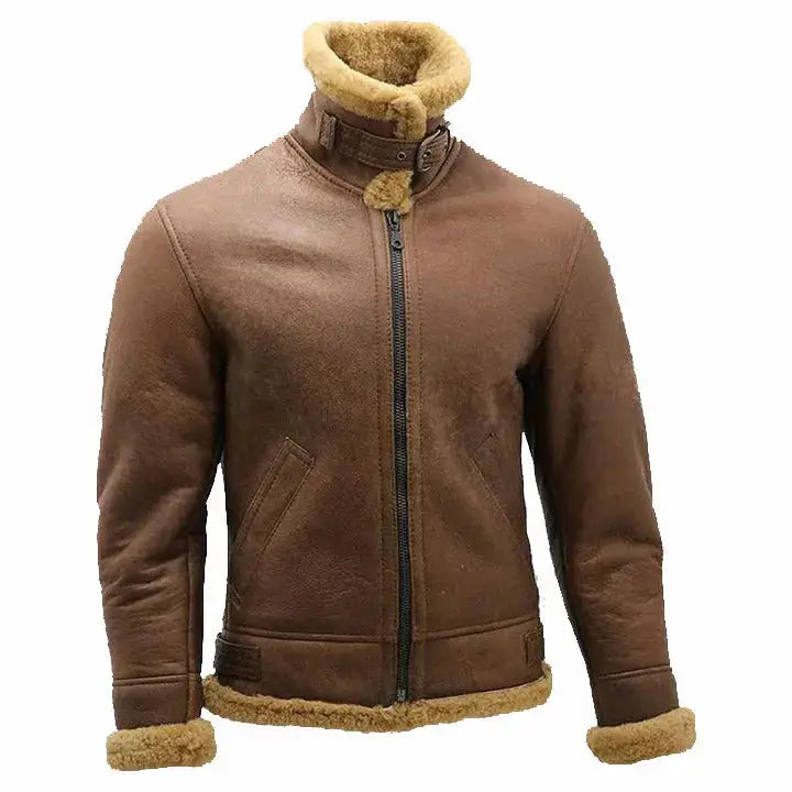 Mens Brown B3 Shearling Sheepskin Ww2 Bomber Leather Flying Aviator Jacket Coat