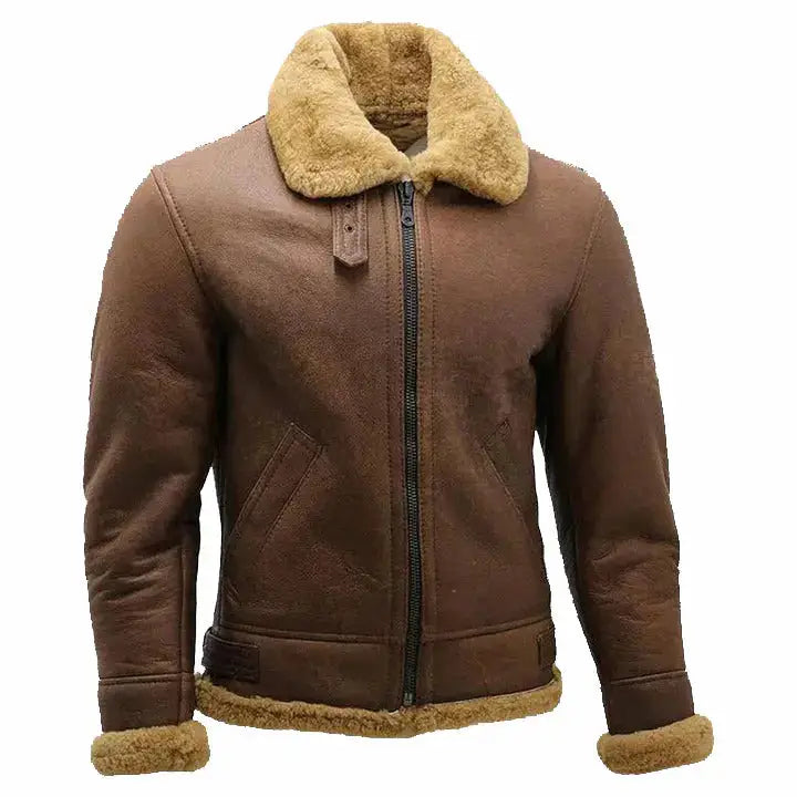 Mens Brown B3 Shearling Sheepskin Ww2 Bomber Leather Flying Aviator Jacket Coat