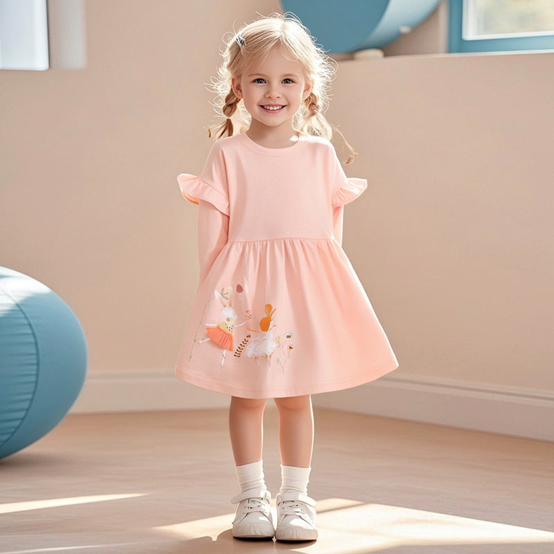 Autumn Arrival Cartoon Animals Pattern Long Sleeves Crew Neck Dress for Stylish Girls