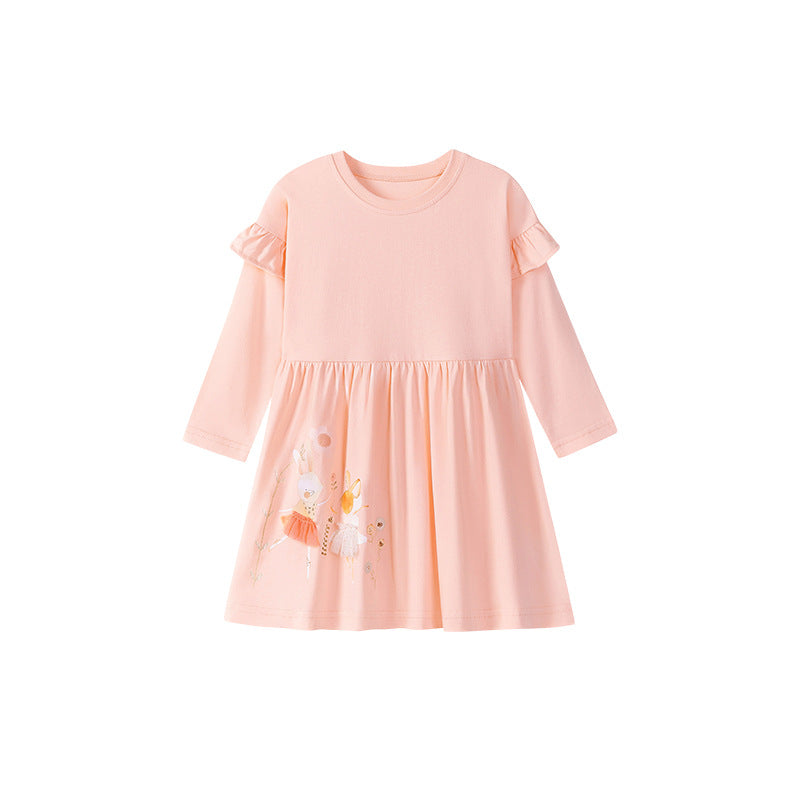 Autumn Arrival Cartoon Animals Pattern Long Sleeves Crew Neck Dress for Stylish Girls